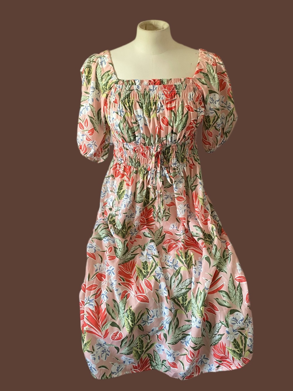 Pink Floral Smocked Midi Dress with Puff Sleeves